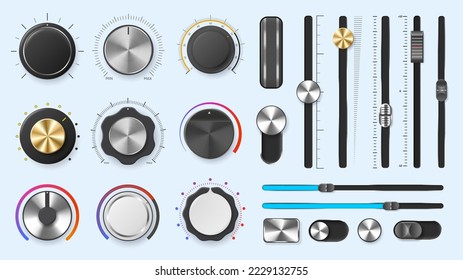 Audio mixer dials. Volume adjustment levels metal knobs and slider regulators, round and line amplify controllers vector set. Music or sound control bar, electronic technology buttons svg