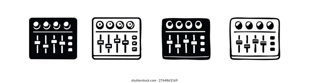 Audio Mixer or DJ Controller Vector Icons Set. Sound Mixing Console with Faders and Knobs Illustration.