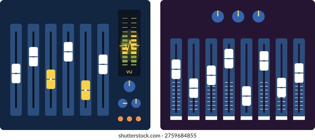 Audio mixer interface illustration, sound control panel with sliders and VU meter, music production console vector for studio, DJ and recording design