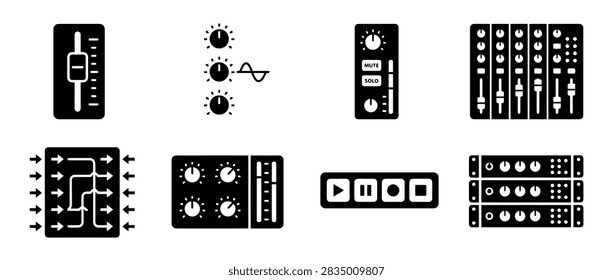 Audio mixing console and sound studio equipment vector icons