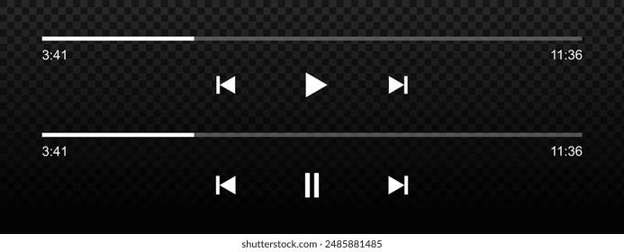 Las barras de carga de progreso del reproductor de audio o película incluyen deslizador de tiempo, reproducción y pausa, rebobinado y Botones de avance rápido. Plantilla de la interfaz de reproducción de aplicaciones móviles Mediaplayer. Ilustración gráfica Vector.