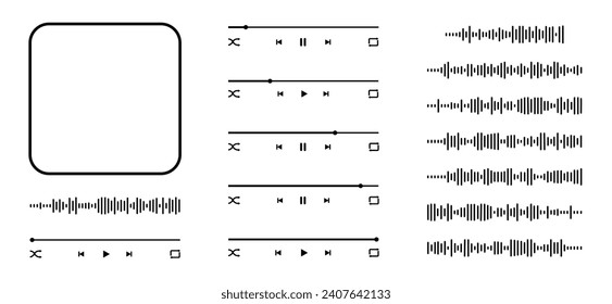 Plantilla de interfaz de reproductor mp3 de audio y elementos de constructor con marco de portada de álbum, botones, barra de carga e iconos de ecualizador. Diseño de reproducción de música aislado en fondo blanco. Ilustración del vector 