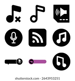 Conjunto De Ícones Vetoriais De Áudio E Multimídia Com Música, Volume, Microfone E Rss