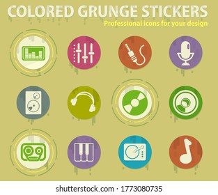 Audio and music colored grunge icons with sweats glue for design web and mobile applications