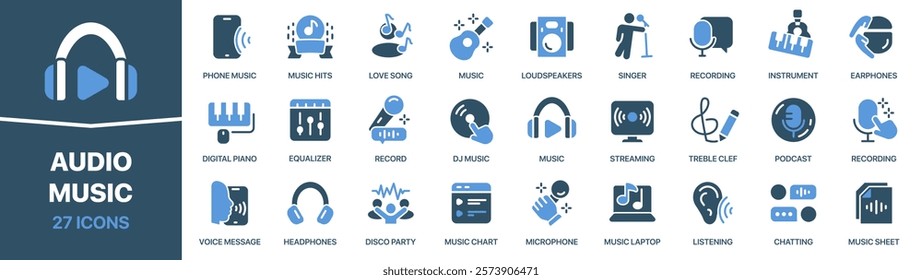 Audio and music colored signed icon collection. Song, recording, podcast, party, headphones icons. UI icon set. Colored icons pack. Vector illustration EPS10