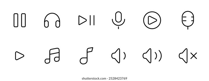 Conjunto de Ícones de Controle de Áudio e Música. Uma coleção de ícones de controle de áudio e música, incluindo reprodução, pausa, microfone, notas e símbolos de volume em um estilo minimalista.