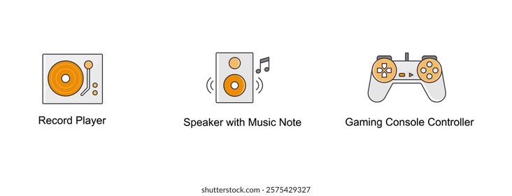 Audio and Music Devices. Speaker with Music Note, Record Player, Gaming Console Controller