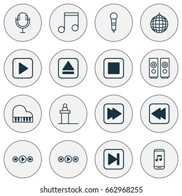 Audio Music Icons Set. Collection Of Extract Device, Mike, Rostrum And Other Social Music Icon Elements. Also Includes Symbols Such As Mobile, Scene, Party.