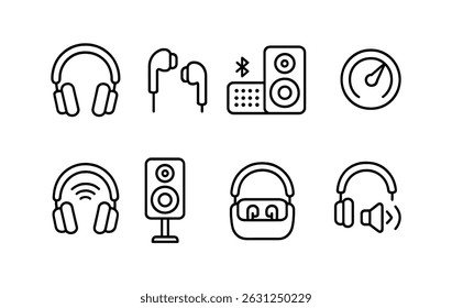 Audio and music line icon set - headphones, speakers, sound symbols in outline style