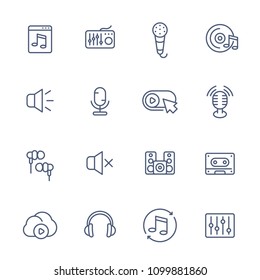 audio, music line icons set, sound mixing, microphones, recording, earbuds, headphones, speakers, eq, cassette tape