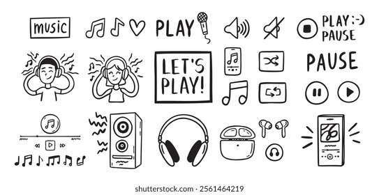 Audio music listening concept sound doodle hand drawn icon Set. Headphones interface buttons musical notes. Vector illustration