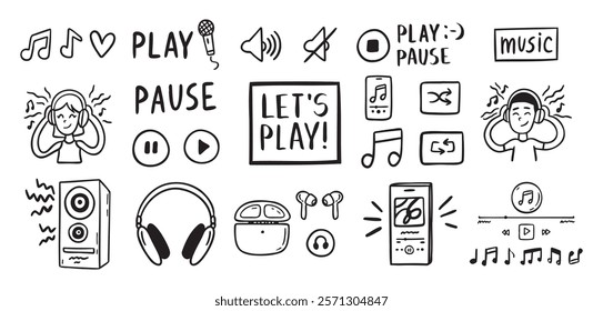 Audio music listening concept sound doodle hand drawn icon Set. Headphones interface buttons musical notes. Vector illustration