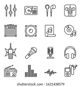 Audio, music and Multimedia icon set with white background. Thin Line Style stock vector.