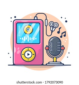Audio Music Player and Microphone Vector Illustration. Set Music, Tune, Note, Earphone, Sound, Song, Audio.  Flat Cartoon Style Suitable for Sticker, Wallpaper, Icon, etc.