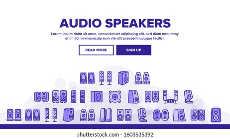 Audio Music Speakers Landing Web Page Header Banner Template Vector. Electronic Acoustic Audio Sound Speakers System And Loudspeakers Illustration