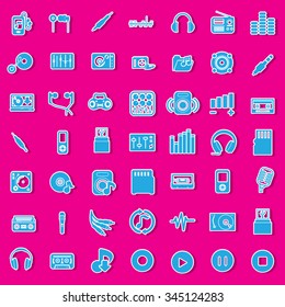 Audio and music sticker icons in vector style.