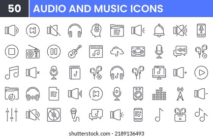 Audio and Music vector line icon set. Contains linear outline icons like Radio, Speaker, Sound, Microphone, Note, Guitar, Headphone, Cassette, Media, Playlist, Podcast. Editable use and stroke.