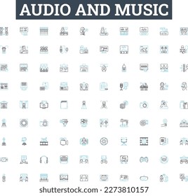 Audio and music vector line icons set. Music, Audio, Sound, Melody, Beat, Adaptation, Recording illustration outline concept symbols and signs