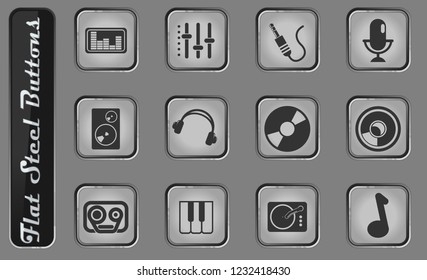 Audio and music vector web icons on the flat steel buttons