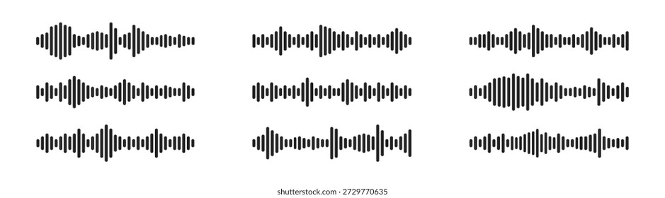 Ícones de vetor de forma de onda de áudio e música, som, voz, rádio, sinal, frequência, batida, pulso, player, equalizador, clipe, ilustração digital em fundo transparente