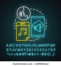 Audio neon light concept icon. Listening & hearing information idea. Songs, audiobooks, speech. Stereo records. Glowing sign with alphabet, numbers and symbols. Vector isolated illustration