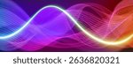 Audio neon wave background with vibrant rainbow gradient flowing lines. Glowing sound frequency visualization. Dynamic music spectrum digital wallpaper. Abstract luminous curves with bright edges.
