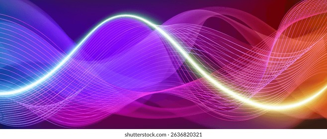 Audio neon wave background with vibrant rainbow gradient flowing lines. Glowing sound frequency visualization. Dynamic music spectrum digital wallpaper. Abstract luminous curves with bright edges.