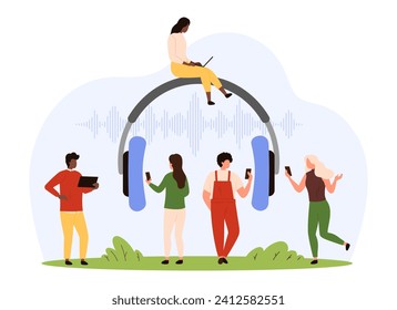 Audio online service app. Tiny people with mobile phones listen radio podcast, music and voice near giant headphones, happy characters enjoy sound waves and streaming cartoon vector illustration