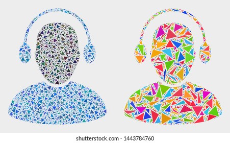 Audio operator mosaic icon of triangle items which have various sizes and shapes and colors. Geometric abstract vector illustration of audio operator.
