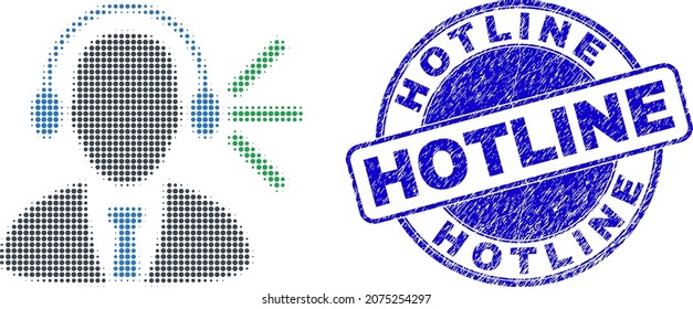 Icono de puntos de semitono y sello de línea directa del operador de audio. Sello de distrés redondo de vector azul con título de línea directa dentro de forma redonda. La matriz de iconos de sonido de operador de audio de semitono contiene píxeles redondos.