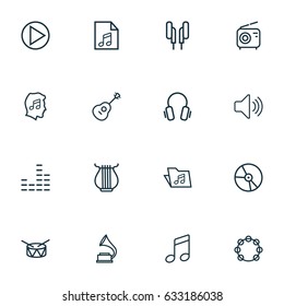 Audio Outline Icons Set. Collection Of Timbrel, Earphones, Cover And Other Elements. Also Includes Symbols Such As Sound, List, Music.