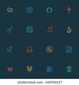 Audio Outline Icons Set. Collection Of Earphones, Circle, Plastic And Other Elements. Also Includes Symbols Such As Loudspeaker, Gramophone, Vinyl.