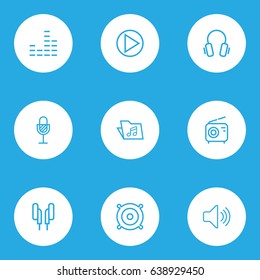 Audio Outline Icons Set. Collection Of Headphones, Amplifier, Audio Level And Other Elements. Also Includes Symbols Such As Circle, Folder, Radio.