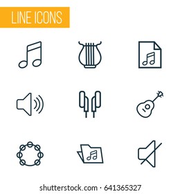 Audio Outline Icons Set. Collection Of Stringed, Timbrel, Melody And Other Elements. Also Includes Symbols Such As Noiseless, Guitar, Folder.