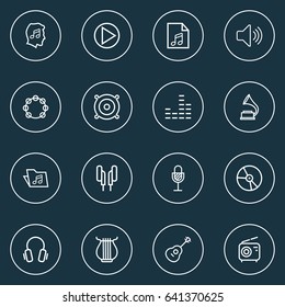 Audio Outline Icons Set. Collection Of Soundtrack, Plastic, Circle And Other Elements. Also Includes Symbols Such As Melody, Harp, Sound.