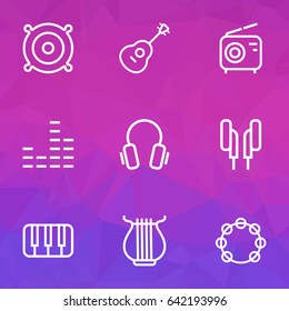 Audio Outline Icons Set. Collection Of Keys, Strings, Stringed And Other Elements. Also Includes Symbols Such As Radio, Stringed, Harp.