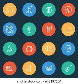Audio Outline Icons Set. Collection Of Headphones, Soundless, Strings And Other Elements. Also Includes Symbols Such As Guitar, Notes, Mixer.