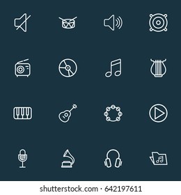 Audio Outline Icons Set. Collection Of Circle, Stringed, Plastic And Other Elements. Also Includes Symbols Such As Volume, Timbrel, Phonograph.