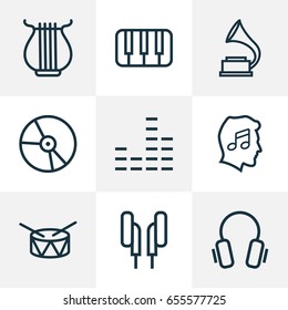 Audio Outline Icons Set. Collection Of Phonograph, Equalizer, Earphones And Other Elements. Also Includes Symbols Such As Bit, Barrel, Harp.