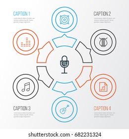 Audio Outline Icons Set. Collection Of Stringed, Melody, Strings And Other Elements. Also Includes Symbols Such As Stringed, Microphone, Music.