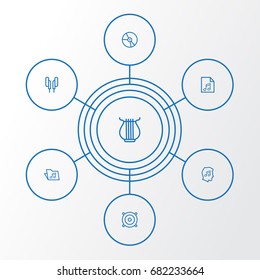 Audio Outline Icons Set. Collection Of Headphones, Stringed, Plastic And Other Elements. Also Includes Symbols Such As Template, Folder, Speaker.