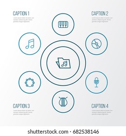 Audio Outline Icons Set. Collection Of Amplifier, Timbrel, Melody And Other Elements. Also Includes Symbols Such As Stringed, Instrument, Piano.