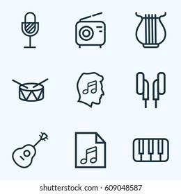 Audio Outlines Set. Collection Of Barrel, Stringed, Cover And Other Elements. Also Includes Symbols Such As Guitar, Radio, Wireless.