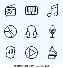 Audio Outlines Set. Collection Of Cover, Melody, Plastic And Other Elements. Also Includes Symbols Such As Amplifier, Melody, Device.