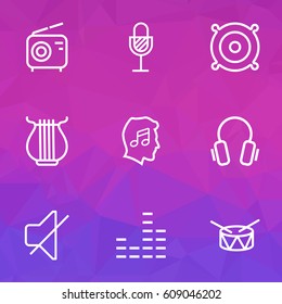 Audio Outlines Set. Collection Of Cover, Stringed, Orator And Other Elements. Also Includes Symbols Such As Mixer, Microphone, Earphones.
