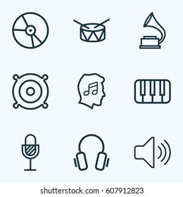 Audio Outlines Set. Collection Of Keys, Cover, Plastic And Other Elements. Also Includes Symbols Such As Barrel, Gramophone, Earphones.