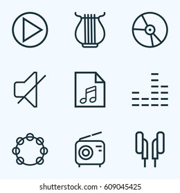 Audio Outlines Set. Collection Of Stringed, Equalizer, Wireless And Other Elements. Also Includes Symbols Such As Earphones, Stringed, Radio.