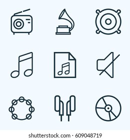 Audio Outlines Set. Collection Of Timbrel, Phonograph, Headphones And Other Elements. Also Includes Symbols Such As Soundtrack, Solfeggio, Speaker.