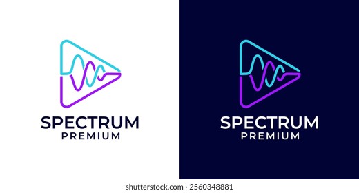 Audio play logo design vector. Play icon with audio spectrum wave logo template. Play audio equalizer logo. Logo design of audio, video, play, spectrum, wave in colorful modern style.