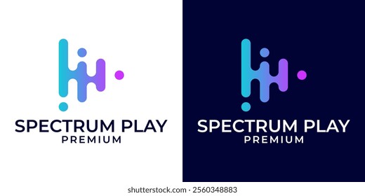 Audio play logo design vector. Play icon with audio spectrum wave logo template. Play audio equalizer logo. Logo design of audio, video, play, spectrum, wave in colorful modern style.